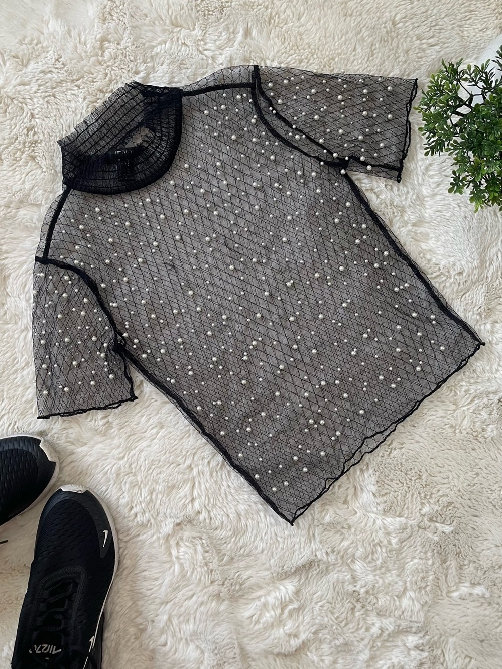 FOREVER 2 Elegant Laced Pearl Top Black Turtleneck Sheer Sleeve Top Size Small